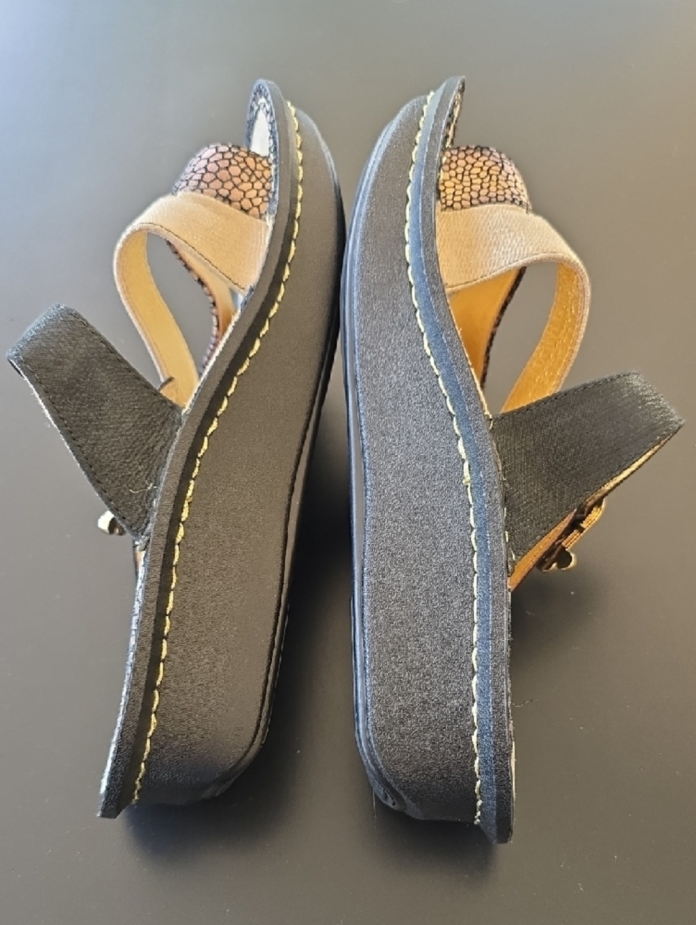 Alegria Black, Beige and Metallic Snake-Print Slide Sandals - Picture 3 of 5